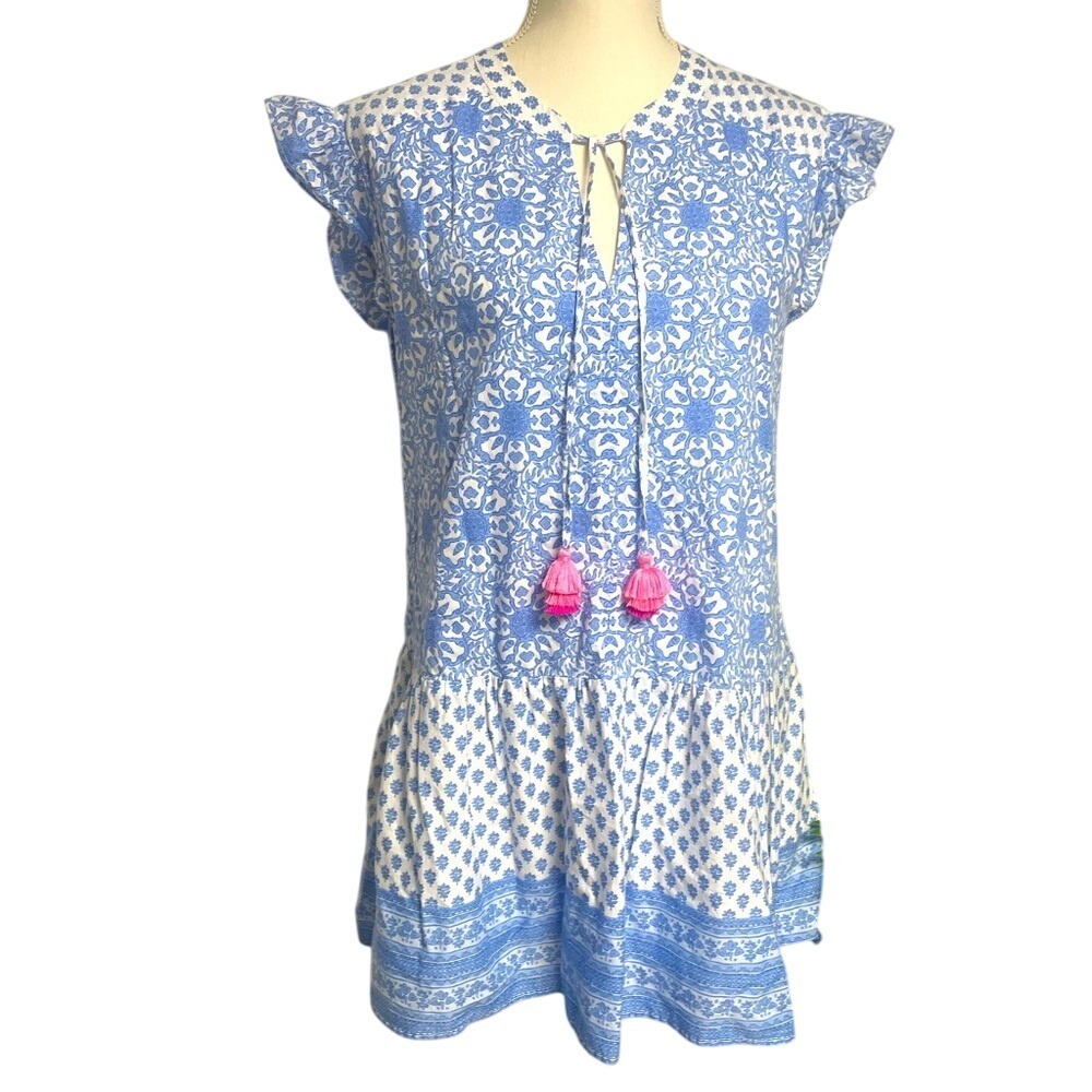 Vineyard Vines‎ Blue Otomi Floral Pink Tassle Tiered Mini Tunic Dress Women's XS